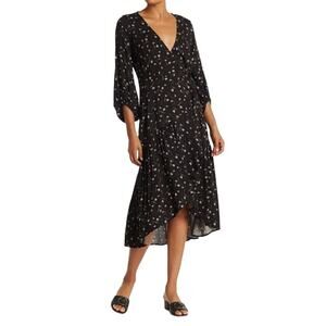 LOVESTITCH‎ NEW $75 Floral Print 3/4 Sleeve Midi Wrap Dress Black Gray Large